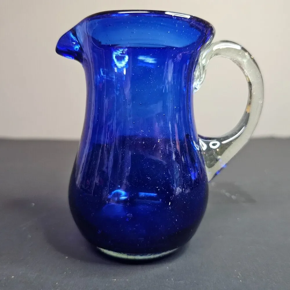 Vtg Cobalt Blue Handmade Vintage Glass Mini Pitcher Vase 4” Tall